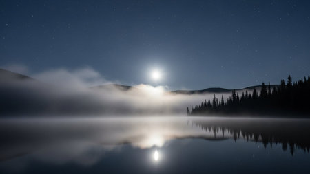 A peaceful nighttime scene featuring a foggy lake with moonlight reflections, surrounded by silhouetted trees and hills under a starry sky, evoking a sense of calm and tranquility.の写真素材