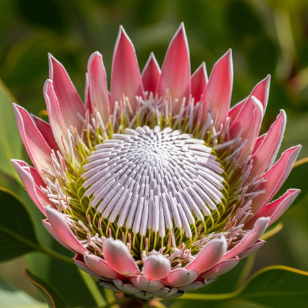 A close-up of a stunning pink King Protea flower, showcasing its unique, layered petals and white center, set against a blurred green background, highlighting its natural beauty.の写真素材