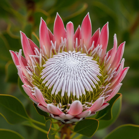 A close-up of a stunning pink and white King Protea flower, showcasing its unique petals and intricate details against a blurred green background.の写真素材