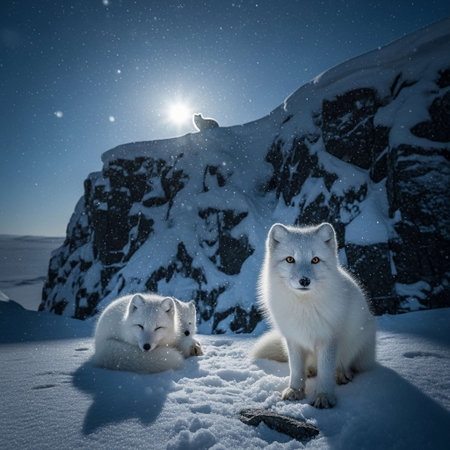 Arctic foxes in the snow in the mountains at night.の写真素材