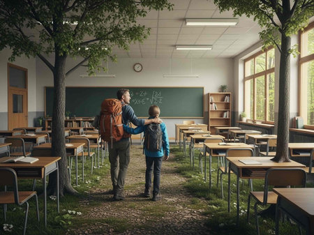 A heartwarming scene of a father and son walking through an abandoned classroom with trees growing inside, symbolizing a new beginning and educational journey together.の写真素材