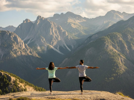 A serene scene of a man and woman in yoga poses on a mountain peak, surrounded by breathtaking views of rugged mountains and valleys under a cloudy sky.の写真素材