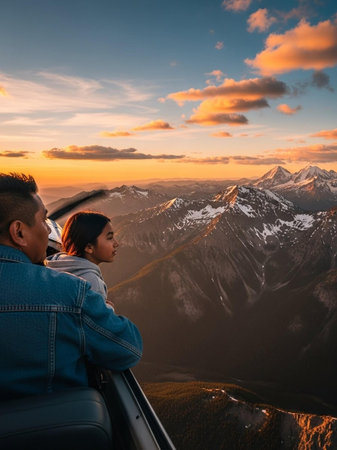 A romantic couple gazes out at a stunning mountain landscape from a helicopter during a serene sunset, taking in the snow-capped peaks and vibrant sky.の写真素材
