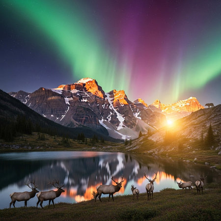 A serene scene of elk grazing near a tranquil lake, set against a breathtaking backdrop of snow-capped mountains and the vibrant colors of the aurora borealis at sunset.の写真素材