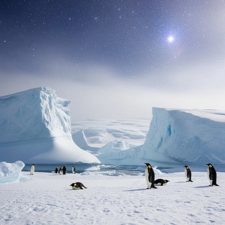 A group of penguins stand and waddle on a snowy surface surrounded by large icebergs and glaciers under a starry night sky with a bright moon shining above.の写真素材