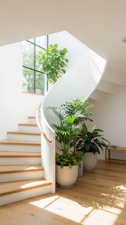 A sleek, white spiral staircase with wooden steps and handrail, surrounded by lush potted plants and bathed in natural light from a large window.の写真素材