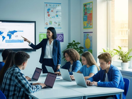 A teacher stands at the front of a classroom, pointing at a digital screen displaying a world map, while students sit at a table with laptops, engaged in learning.の写真素材