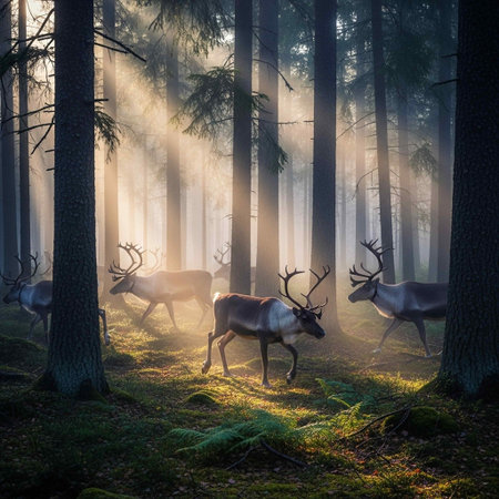 A serene and mystical scene of reindeer roaming through a misty forest, illuminated by sunlight filtering through the trees, creating a sense of wonder and tranquility in nature.の写真素材