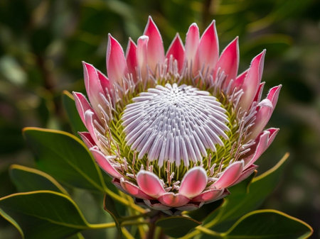 A close-up of a vibrant pink King Protea flower with a large white center, surrounded by lush green leaves, showcasing its unique and exotic beauty.の写真素材