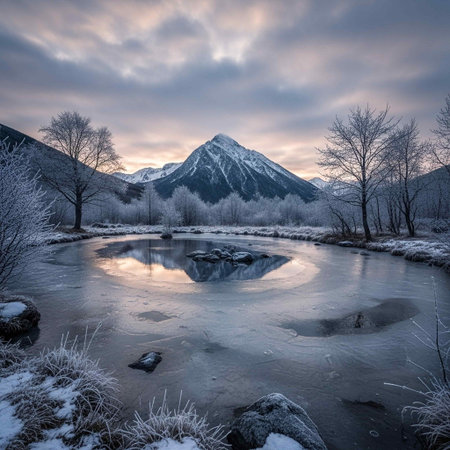 A tranquil winter scene featuring a snow-covered mountain, frozen lake, and bare trees under a cloudy sky at dusk, evoking a sense of calm and serenity.の写真素材