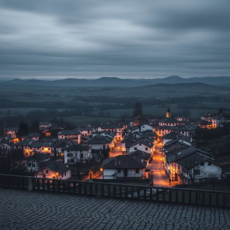 A charming small town nestled in a valley, illuminated by warm streetlights and set against a backdrop of rolling hills and mountains under a cloudy evening sky.の写真素材