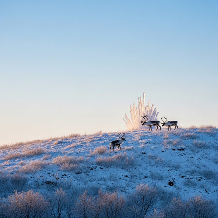 A group of reindeer with impressive antlers walking across a snowy hill with sparse vegetation under a clear blue sky at sunrise or sunset.の写真素材