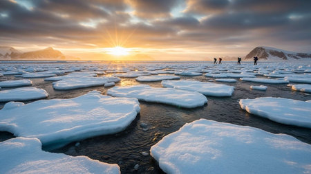 A breathtaking Arctic scene featuring floating icebergs, a serene sunset, and silhouetted figures of people in the distance, set against a majestic mountainous backdrop.の写真素材