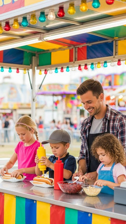 A happy family of four, including a father and three children, prepare and enjoy hot dogs at a vibrant fair food stand with colorful lights and decorations.の写真素材