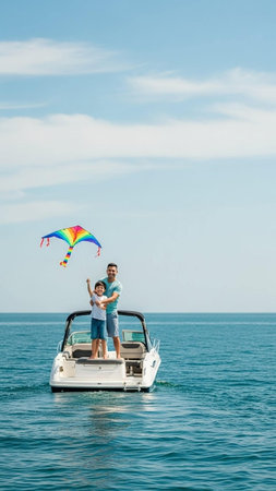 A joyful family of two, a man and a child, flying a colorful kite while standing on a small white boat in the middle of a serene ocean on a beautiful sunny day.の写真素材