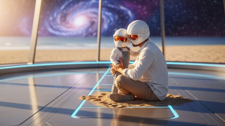 Heartwarming scene of an astronaut father and child in a space station, wearing helmets and goggles, with a stunning galaxy background and futuristic interior.の写真素材