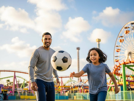 A smiling man and young girl playfully interact with a soccer ball at an amusement park, surrounded by vibrant rides and a bright blue sky with fluffy clouds.の写真素材