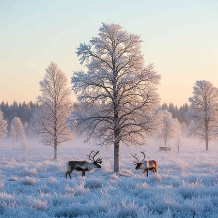 Serene winter scene featuring reindeer roaming in a frosty field with snow-covered trees and a misty atmosphere at sunrise.の写真素材