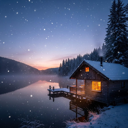 A serene winter scene featuring a wooden cabin with a lit porch and windows, situated by a calm lake surrounded by snow-covered trees and mountains during a snowfall at dusk.の写真素材