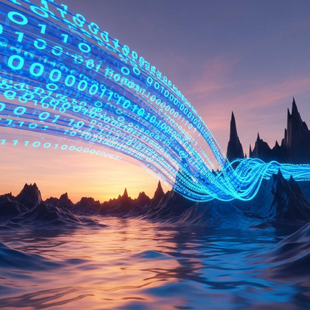 A futuristic digital landscape with glowing blue binary code streaming over a wavy oceanic surface, set against a vibrant sunset backdrop with rocky silhouettes.の写真素材
