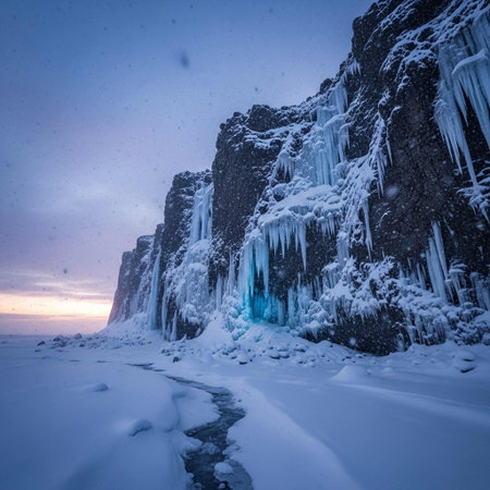 A majestic frozen cliffside with icicles and snow-covered rocks stands against a serene dusk sky, with a snowy landscape and a stream in the foreground, evoking a sense of winter wonder.の写真素材