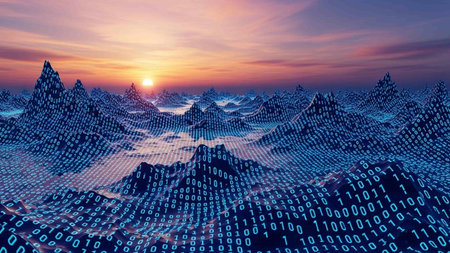A futuristic digital landscape of binary code forming mountain ranges at sunset, blending technology and nature in a visually striking data visualization.の写真素材