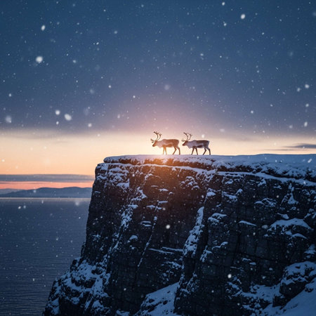 Two reindeer stand on a snow-covered cliff overlooking a serene body of water at sunset, surrounded by a snowy landscape and a breathtaking sky with hues of orange and blue.の写真素材