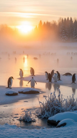 A group of penguins wade through a snowy and icy landscape at sunrise, with a calm body of water and snow-covered trees in the background, creating a peaceful atmosphere.の写真素材