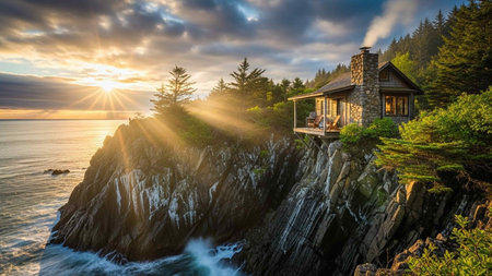 A serene cliffside cabin with a stone exterior and large windows overlooks the ocean at sunset, surrounded by lush greenery and rugged rocky shores, creating a peaceful retreat.の写真素材