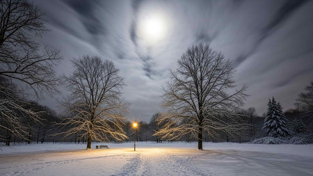 A serene winter scene of a snow-covered park at night, featuring bare trees, a bench, and streetlights under a cloudy moonlit sky, evoking a peaceful and calm atmosphere.の写真素材