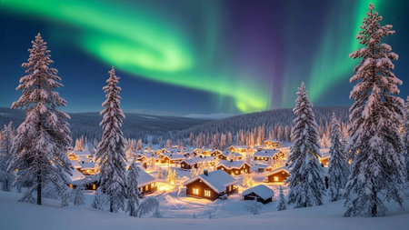 A serene snowy village nestled among snow-covered pine trees, illuminated by warm house lights under the breathtaking display of the green Northern Lights in the night sky.の写真素材