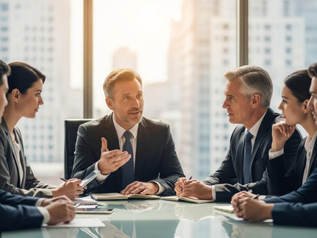 A group of business professionals, dressed in formal attire, engaged in a meeting at a sleek glass table with a cityscape view, conveying a sense of collaboration and productivity.の写真素材