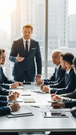 A confident businessman in a suit presents to a group of colleagues seated around a large table, with a blurred cityscape visible through the window behind them, conveying a sense of professionalism and teamwork.の写真素材