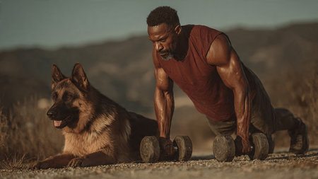 A muscular man in a red tank top does push-ups with dumbbells on a dirt path, with a German Shepherd dog lying beside him, set against a blurred mountainous background.の写真素材