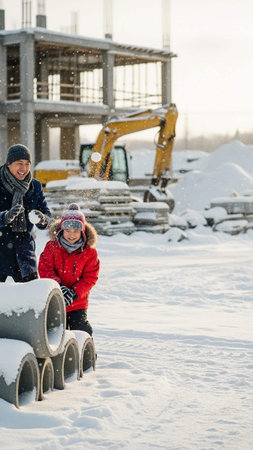 A man and a child enjoy a playful snowball fight in a winter construction site with an excavator and building under development in the background.の写真素材
