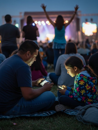 A man and a young girl sit on a blanket, engrossed in their phones while a live concert takes place in the background at dusk, with a crowd of people around them.の写真素材