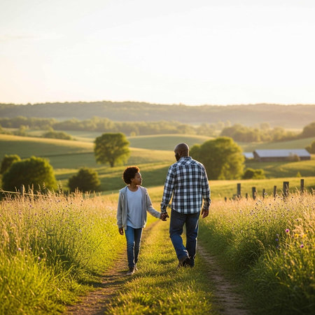 A tender moment of a man and a boy strolling together through a serene countryside landscape, surrounded by lush green fields and trees, under a warm sunny sky.の写真素材