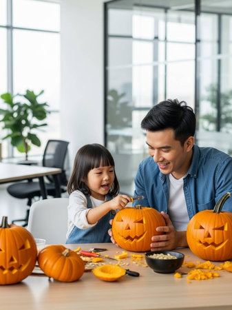 A heartwarming scene of a man and a young girl carving jack-o'-lanterns at a table in a contemporary office setting, surrounded by tools and pumpkin pieces on a sunny day.の写真素材