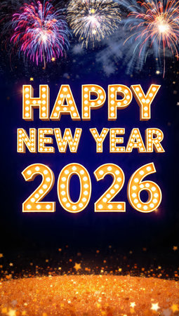 A vibrant digital illustration of a Happy New Year 2026 celebration with colorful fireworks, glittering lights, and a dark blue background, perfect for greeting cards and party invitations.の写真素材