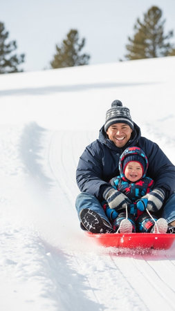A joyful father and child enjoy a fun winter day, sledding down a snowy hill on a bright red sled, surrounded by evergreen trees and a clear blue sky.の写真素材