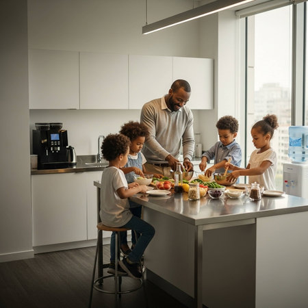A happy family of five, including a father and four children, prepare a meal together in a sleek, modern kitchen with white cabinets and a large window.の写真素材