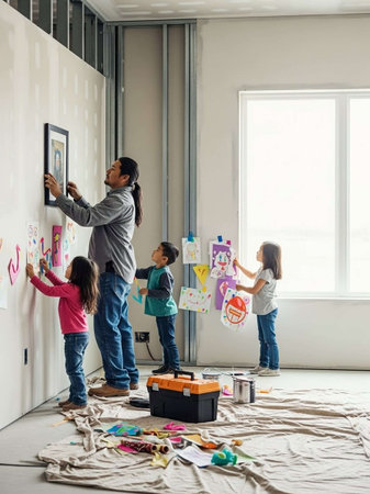 A man and his three children are hanging artwork and painting on the walls of a new home, creating a warm and playful atmosphere with colorful drawings and a sense of family bonding.の写真素材
