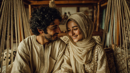 Portrait of a happy muslim couple in traditional clothes sitting in a hammock.の写真素材