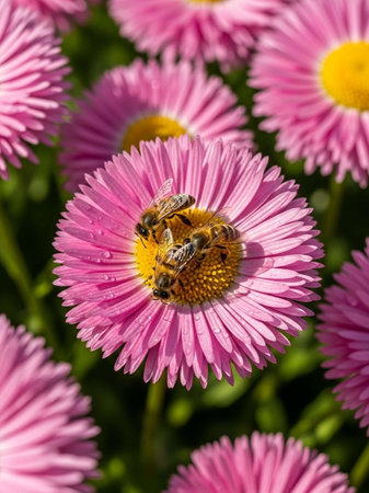 Bee on a pink daisy flower, close-up, selective focusの写真素材