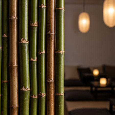 Bamboo wall with lamps in the room, close-up.の写真素材