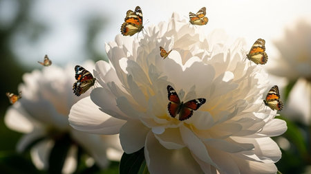 Butterflies on a white peony flower in the garden.