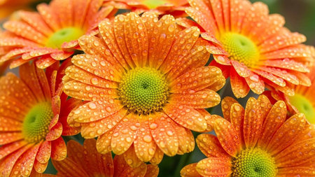 Orange chrysanthemums with dew drops close-upの写真素材