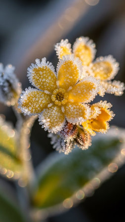 A close up of a yellow flower covered with hoarfrost.の写真素材