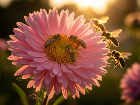 Bee on a pink daisy in the rays of the setting sunの写真素材