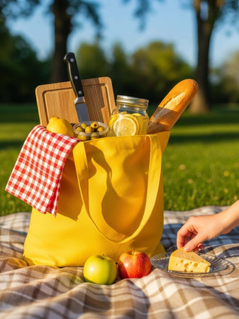 Summer picnic in the park. Woman hand holding bag with food.の写真素材
